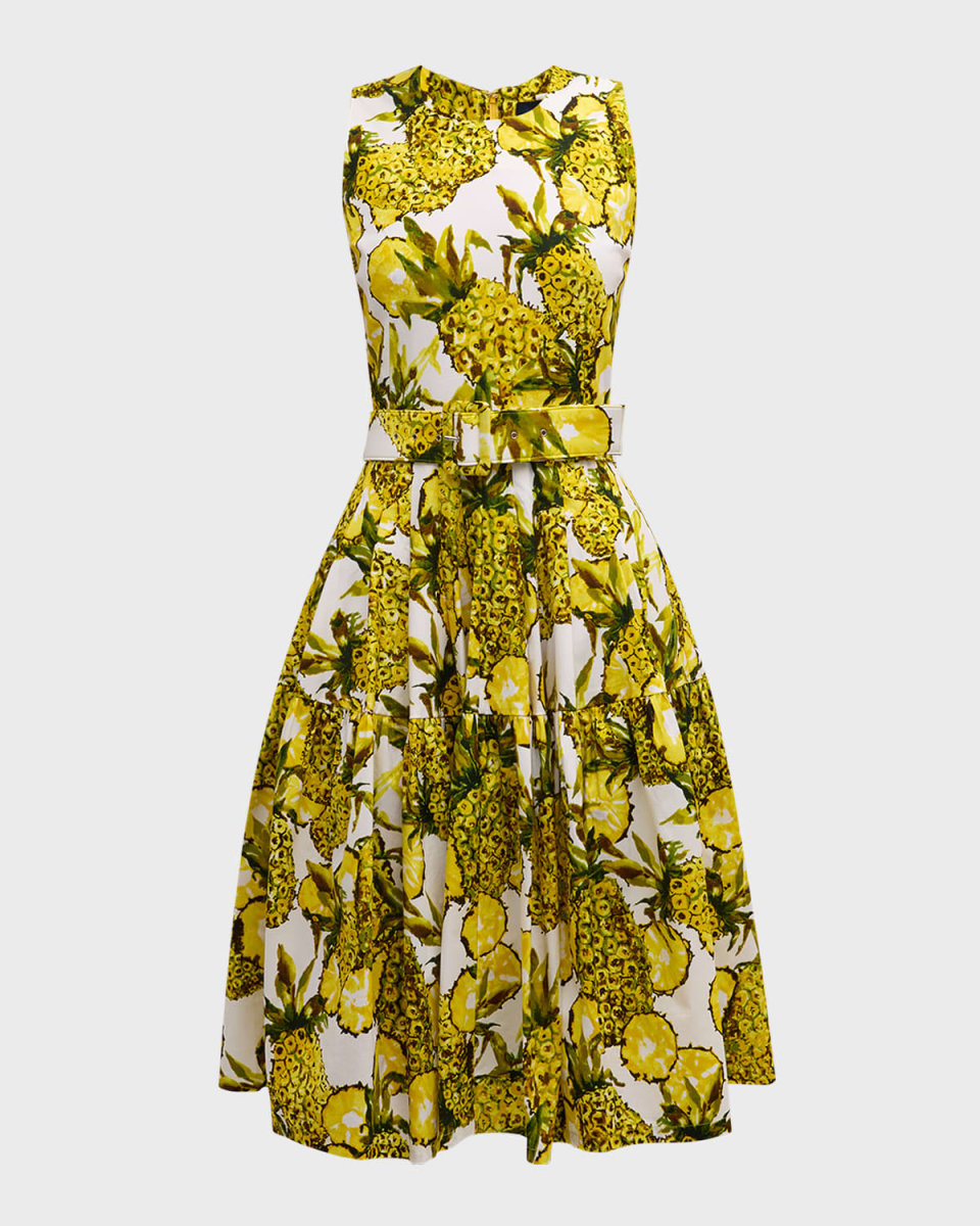 Rose Belted Pineapple-Print A-Line Dress